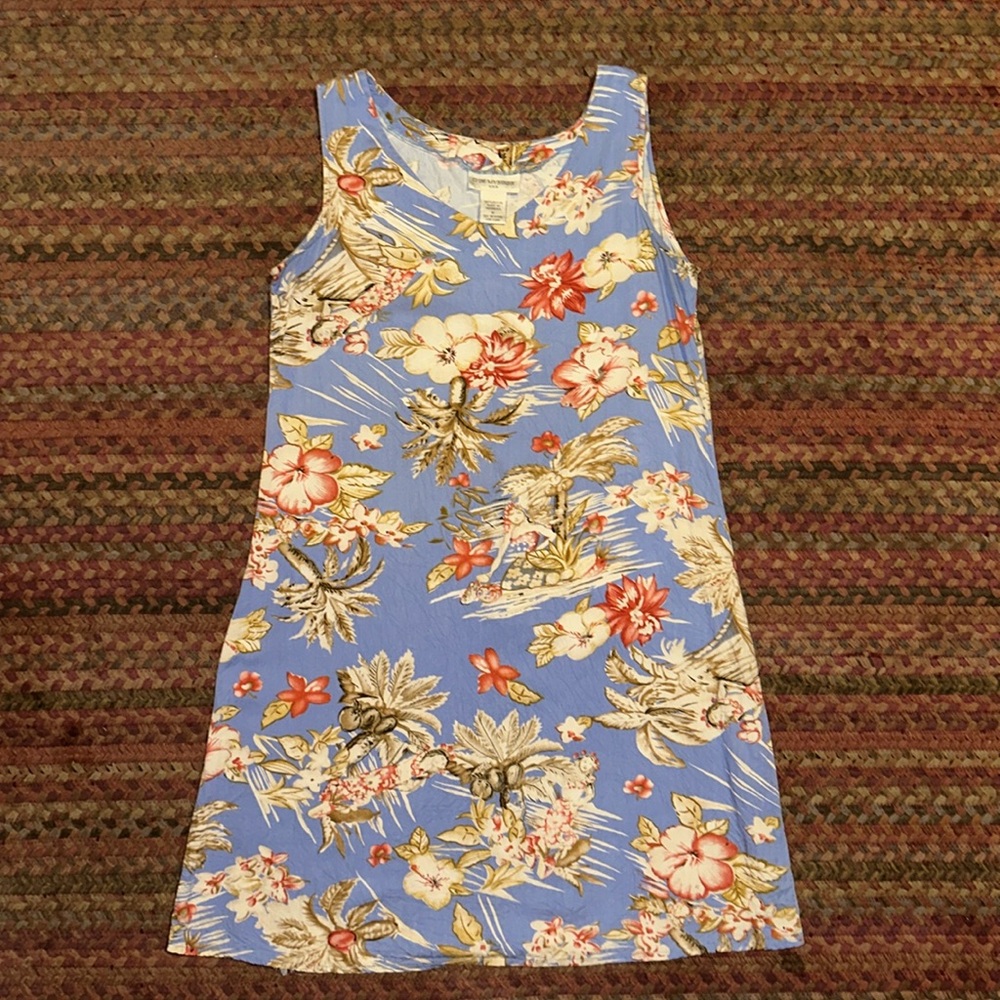 Vintage Light Blue Tropical Floral Tank Dress — Size Small
